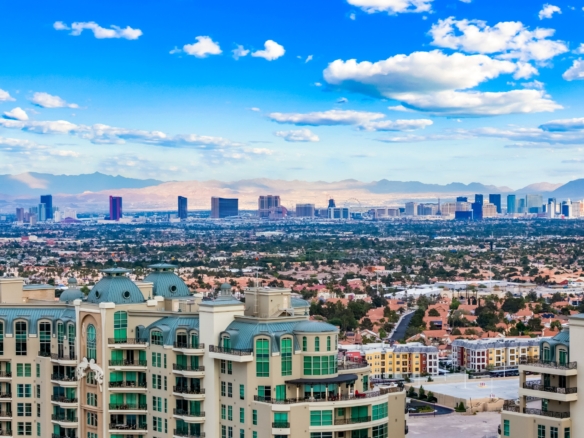 Bright Las Vegas valley and Strip skyline on a clear day