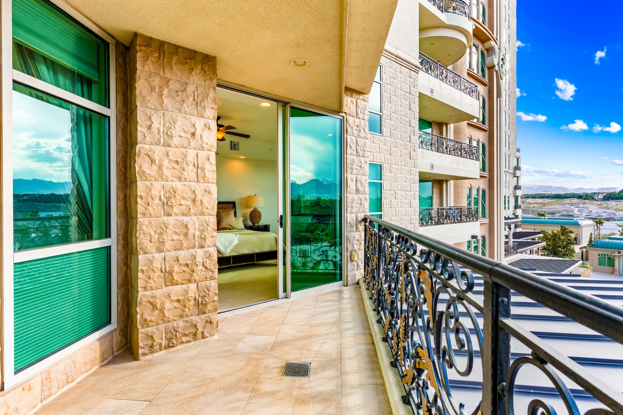 Private terrace at Residence 305, One Queensridge Place, with valley and Red Rock views