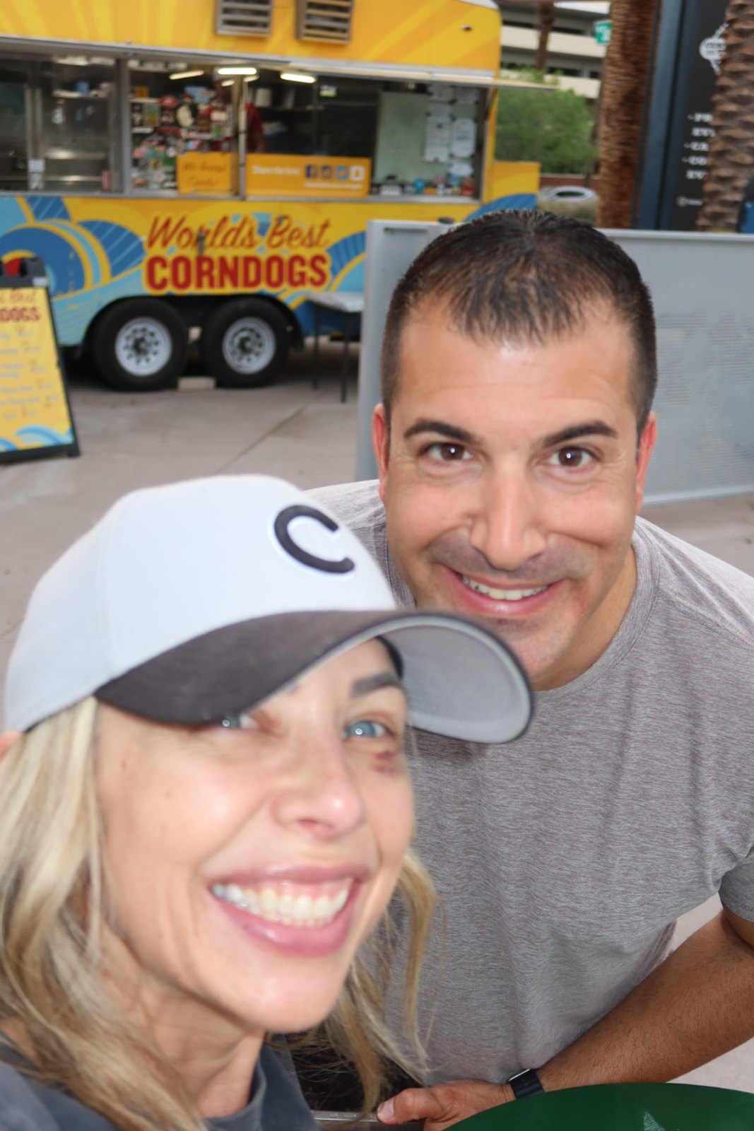Amy and Tzahi Arbeli at the World’s Best Corndogs food truck before the Athletics vs. Brewers game at Las Vegas Ballpark in Summerlin