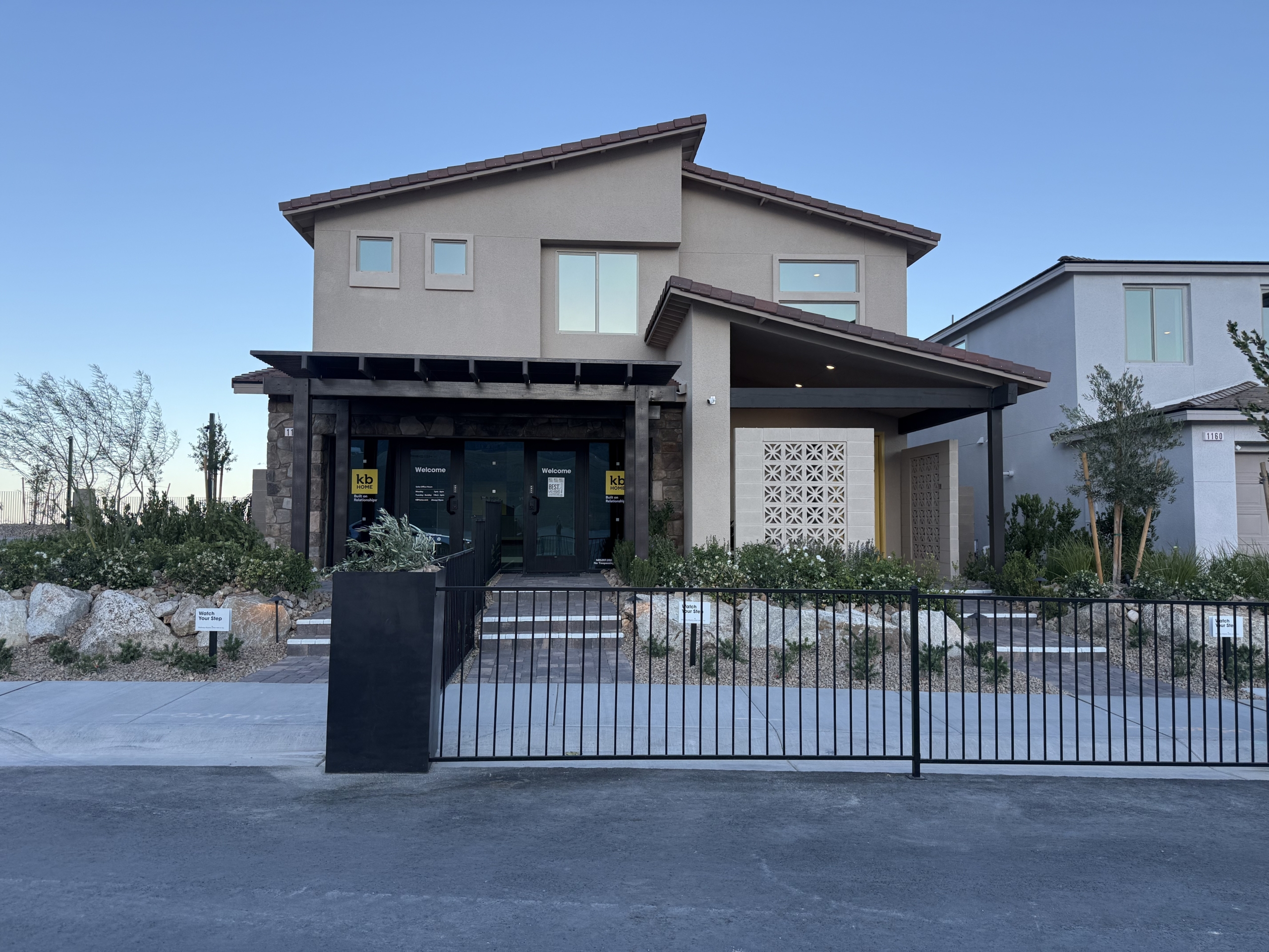 Two-story KB Home model in the Reserves at Cloudbreak Ridge, Summerlin West, modern desert-contemporary elevation