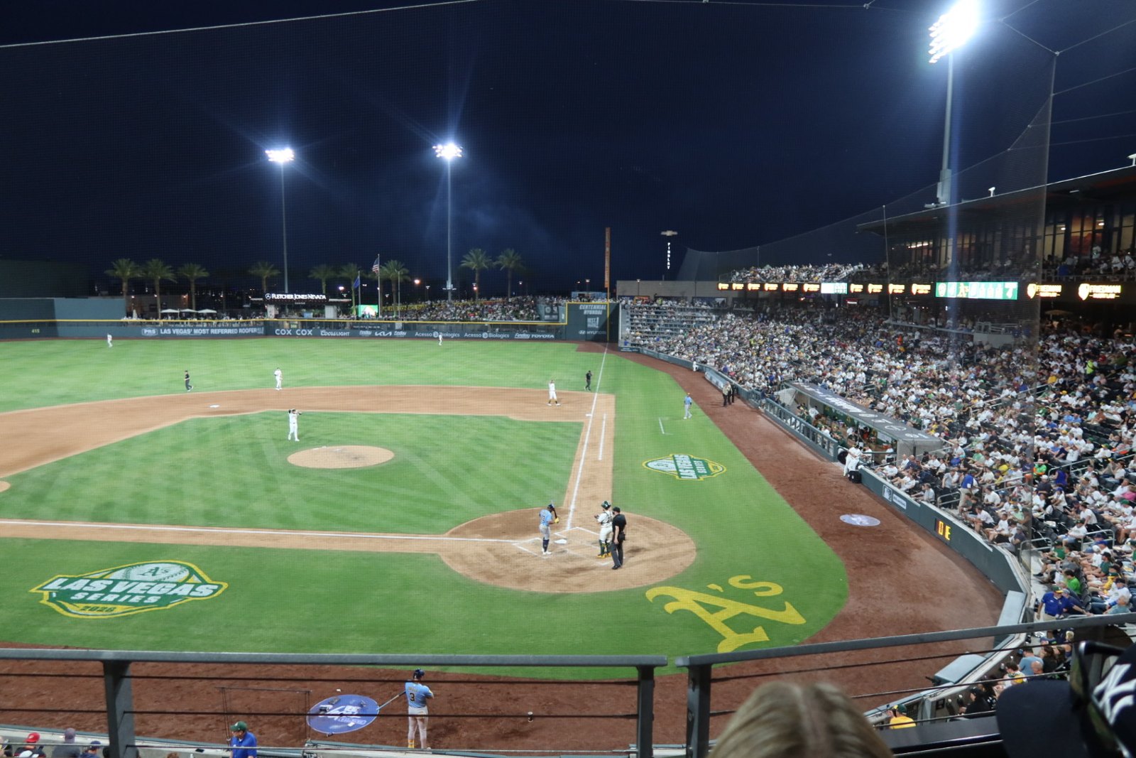 Las Vegas Ballpark under the lights at night during the high-scoring Athletics game in Summerlin