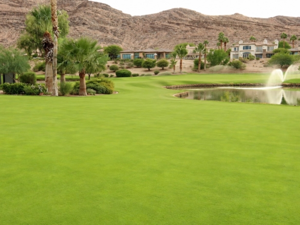 A lush green Red Rock Country Club fairway with a fountain pond, palm trees, custom Summerlin homes, and the rugged Red Rock mountains rising behind
