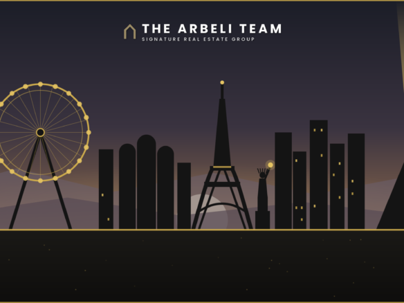 Las Vegas Strip skyline with the Welcome to Las Vegas sign, STRAT, High Roller, Eiffel Tower, Hard Rock Guitar Hotel and Luxor - The Arbeli Team