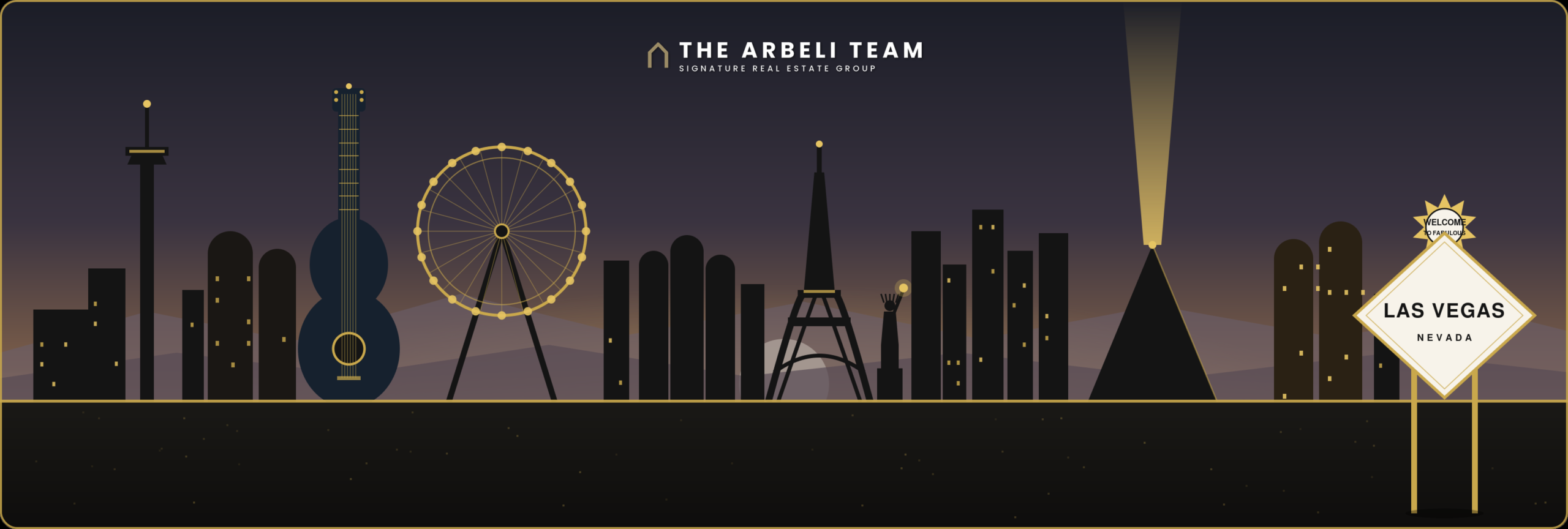 Las Vegas Strip skyline with the Welcome to Las Vegas sign, STRAT, High Roller, Eiffel Tower, Hard Rock Guitar Hotel and Luxor - The Arbeli Team