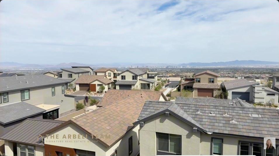 Balcony view over the neighborhood toward the Las Vegas Strip from a new construction Grand Park home