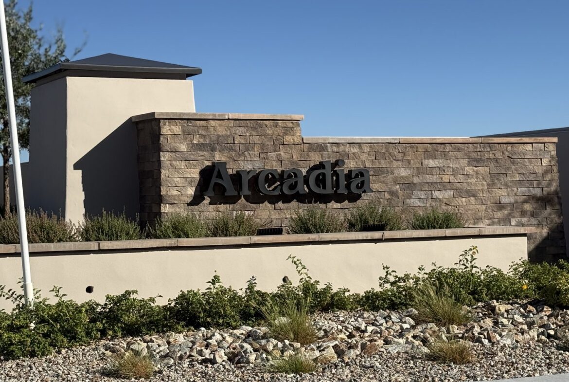 Entrance monument at Arcadia, a SHAWOOD neighborhood in the Grand Park village of Summerlin West, Las Vegas, Nevada 89138