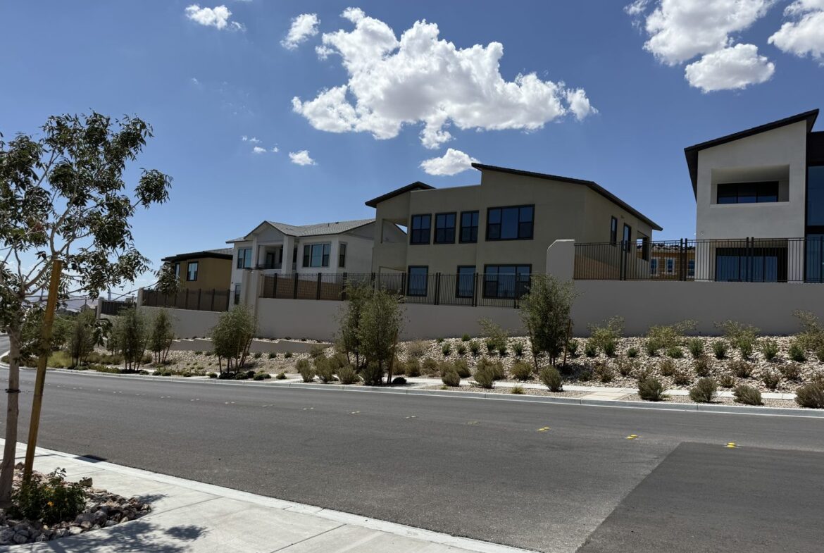 Two story SHAWOOD homes on Natural Harmony Street in Arcadia, seen from Grand Park in Summerlin West, Las Vegas, Nevada