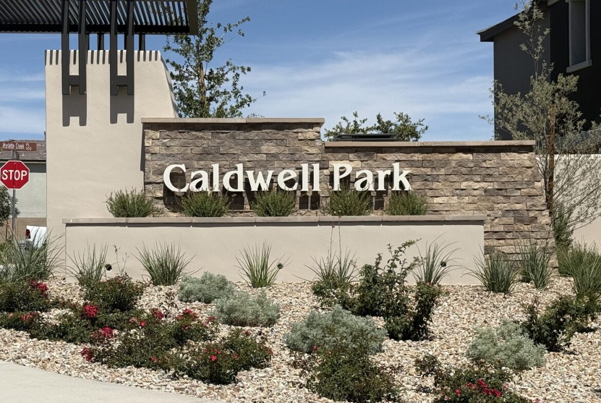 Entrance monument at Caldwell Park, a KB Home neighborhood in the Grand Park village of Summerlin West, Las Vegas, Nevada 89138