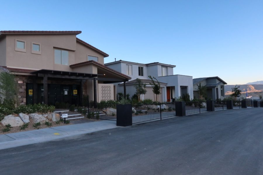 Row of KB Home Cloudbreak Ridge model homes open for tours at La Madre Peaks in Summerlin West, gated enclave with desert mountain views