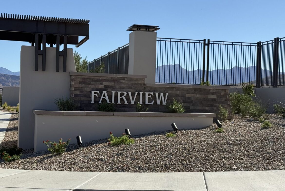 Entrance monument at Fairview, a gated Lennar single story neighborhood in the Grand Park village of Summerlin West, Las Vegas, Nevada 89138