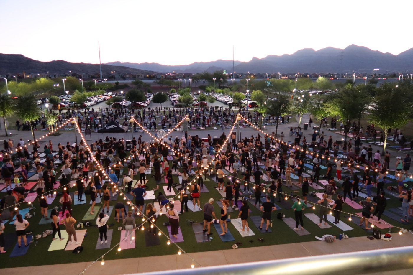 Aerial view of an outdoor pilates class on the lawn at Downtown Summerlin in Las Vegas, Nevada