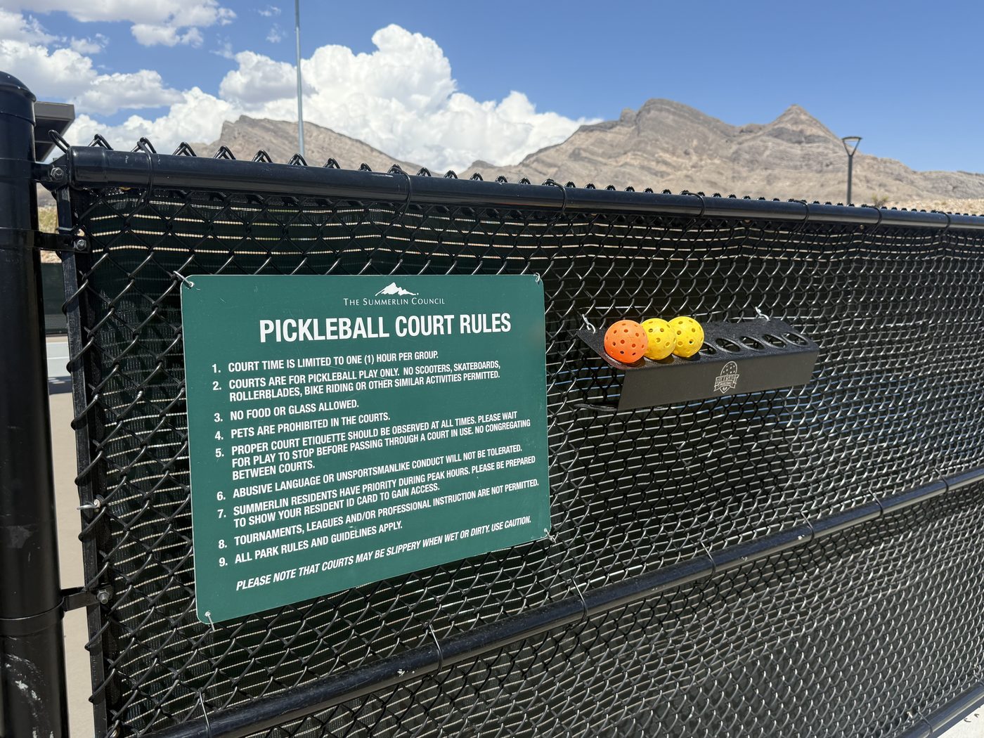 Summerlin Council pickleball court rules sign on the fence at Grand Park in Summerlin West, Las Vegas, Nevada
