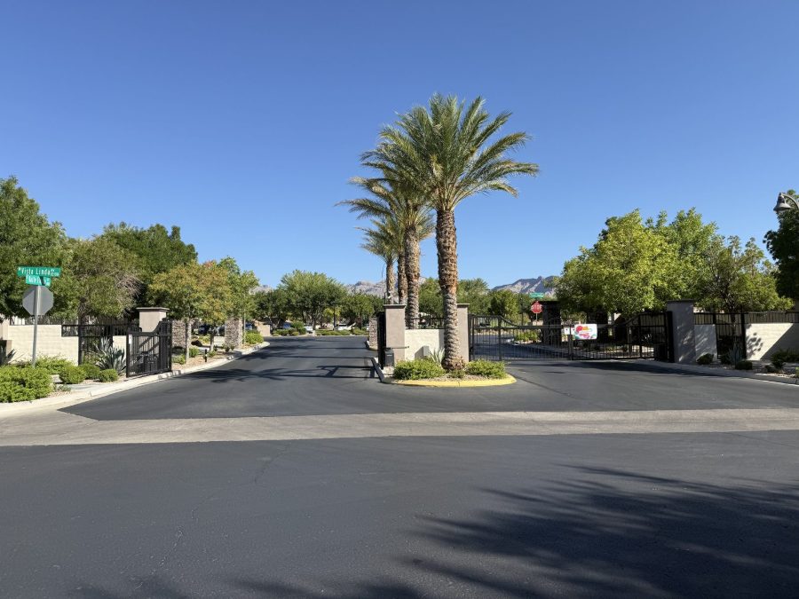 The gated entrance to Las Lomas seen from Paseos Park, directly across the street, in The Paseos, Summerlin