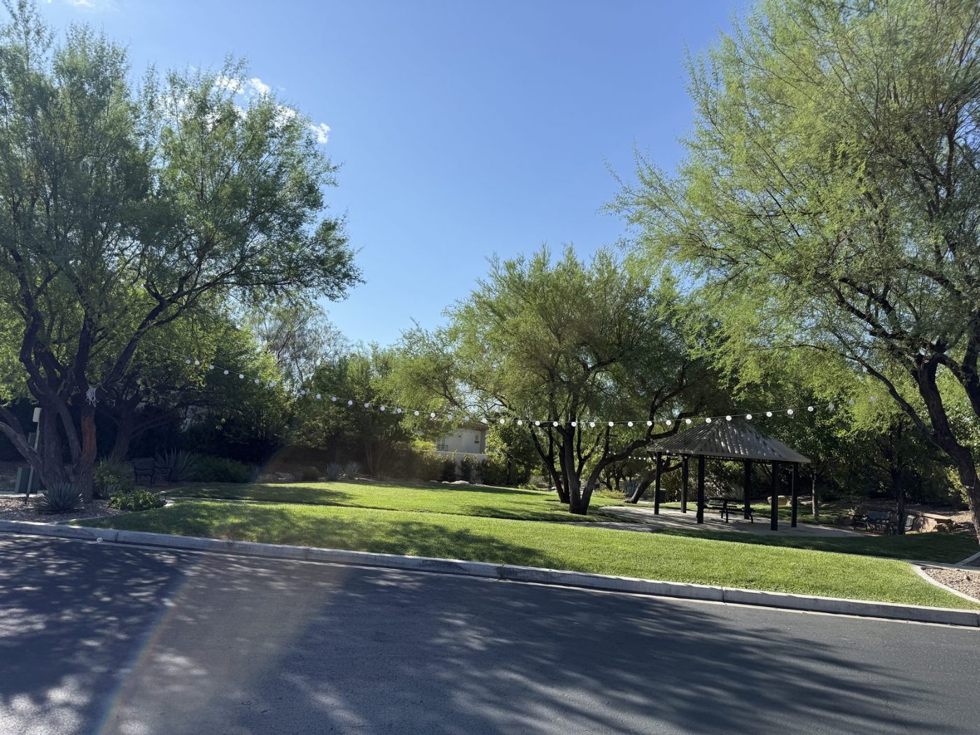 String lights over the gazebo on the Las Lomas community green in The Paseos, Summerlin