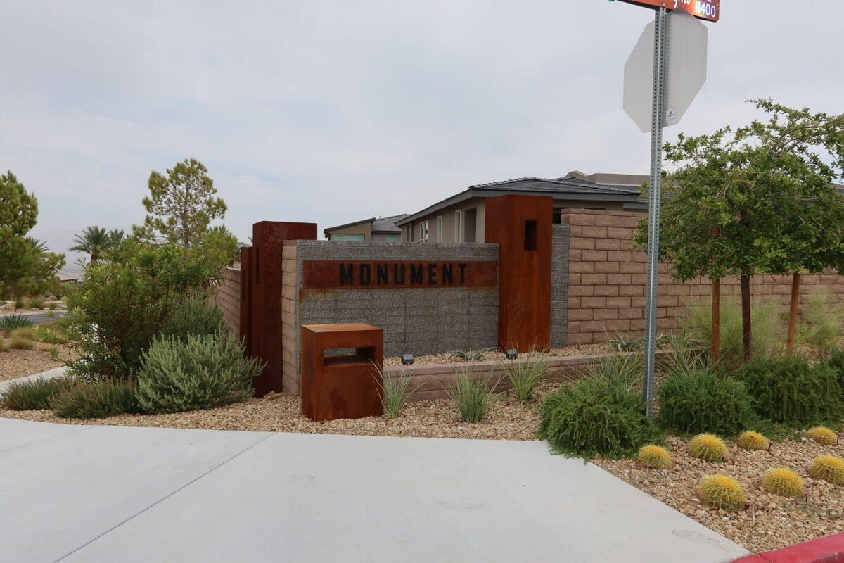 Monument townhomes entrance monument in Reverence, a guard-gated Summerlin village in Las Vegas