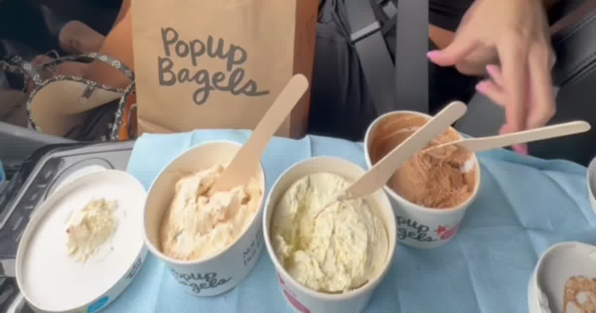 PopUp Bagels bag and four tubs of schmear from the new PopUp Bagels location in Las Vegas, Nevada