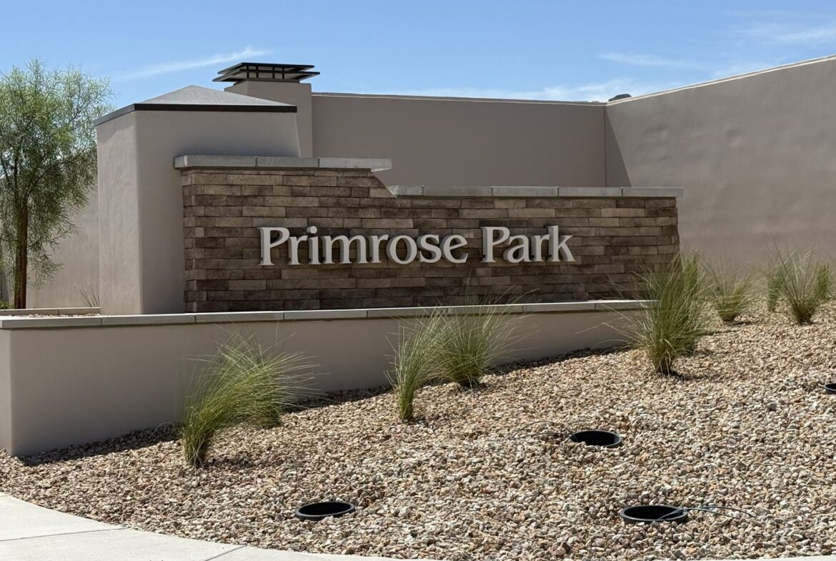 Entrance monument at Primrose Park, a Richmond American neighborhood in the Grand Park village of Summerlin West, Las Vegas, Nevada 89138