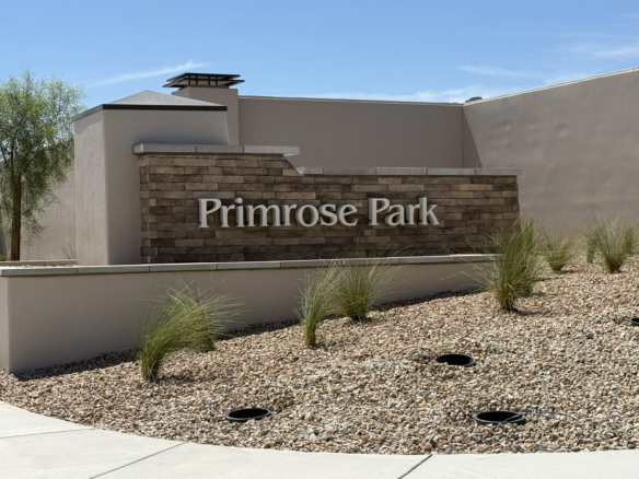 Entrance monument at Primrose Park in the Grand Park village of Summerlin West, Las Vegas, Nevada 89138