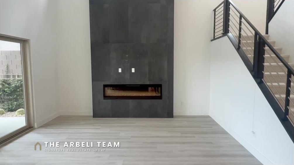 15-foot tiled fireplace wall in the great room of a Redpoint Summerlin home