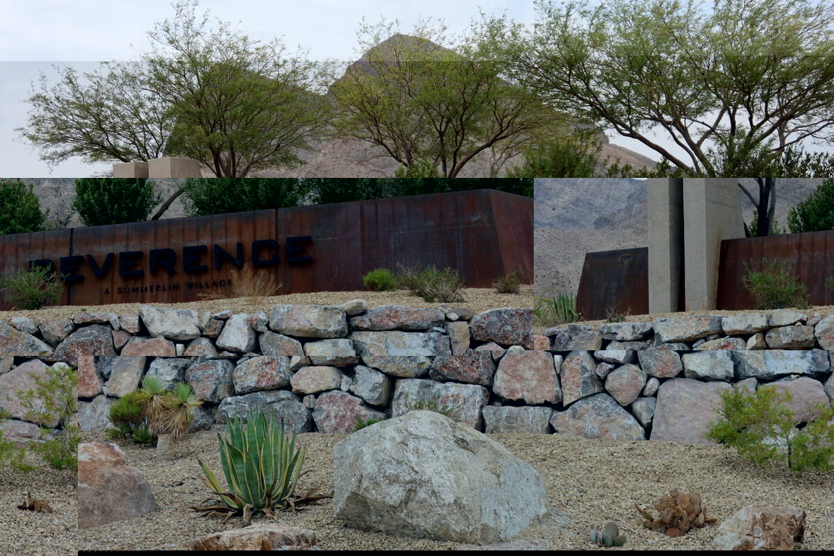 Reverence entrance monument sign in Summerlin, Las Vegas, a guard-gated village against the Spring Mountains