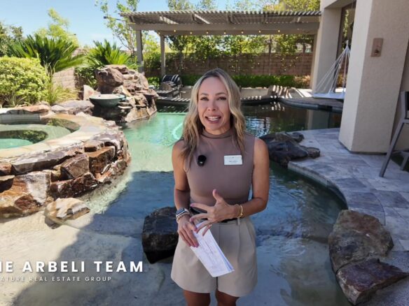 Amy Arbeli poolside on the Summerlin West luxury home tour