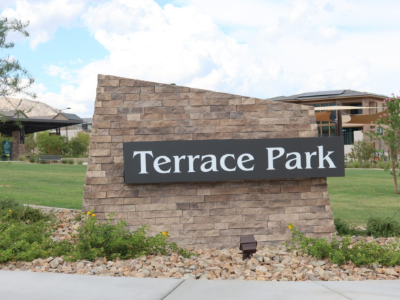 Terrace Park sign and lawn at the neighborhood park in the Grand Park village of Summerlin West, Las Vegas, Nevada 89138