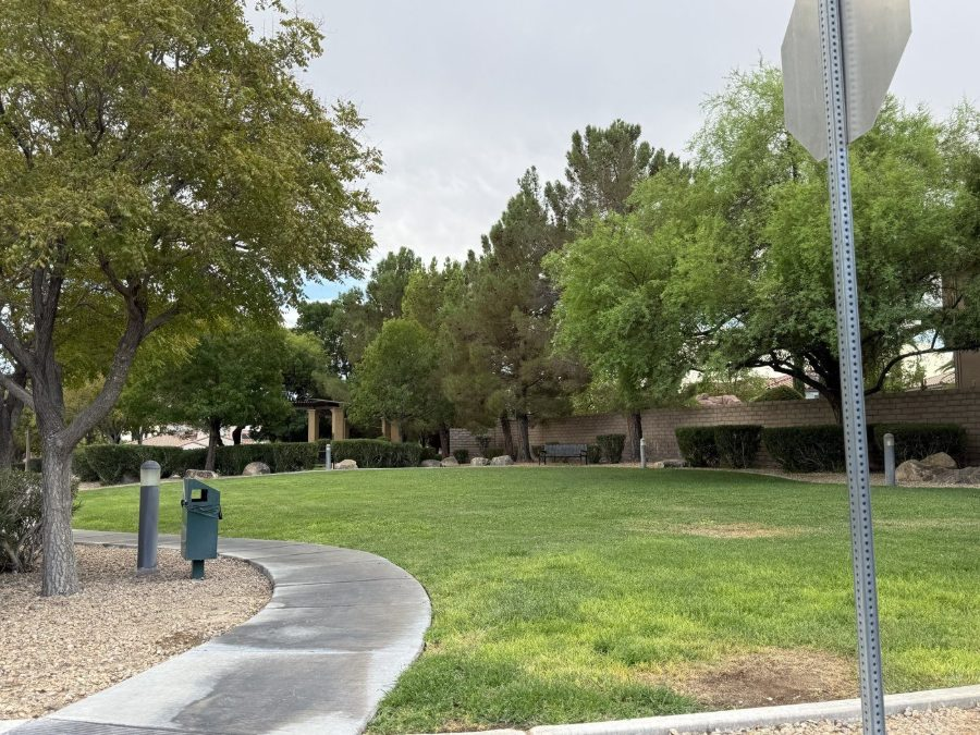 A common green and walking path inside The Paseos, Summerlin