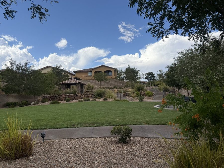 A neighborhood green backing single-story homes in The Paseos, Summerlin