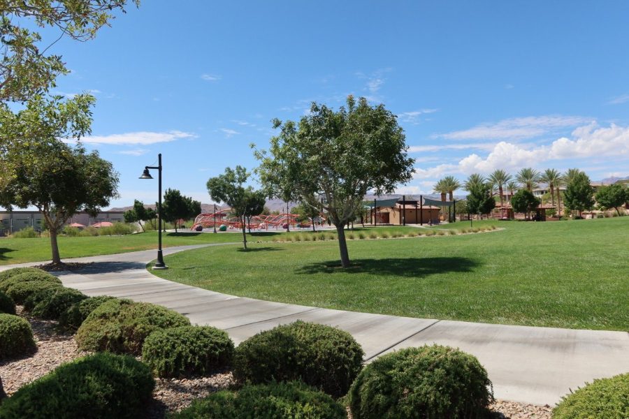 An open green and shaded play area at a park in The Paseos, Summerlin