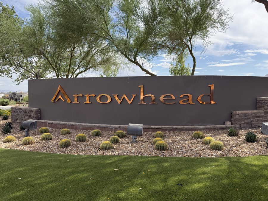 Stone entry monument reading Arrowhead at the gated entrance to the Arrowhead enclave inside The Ridges in Summerlin, Las Vegas, Nevada