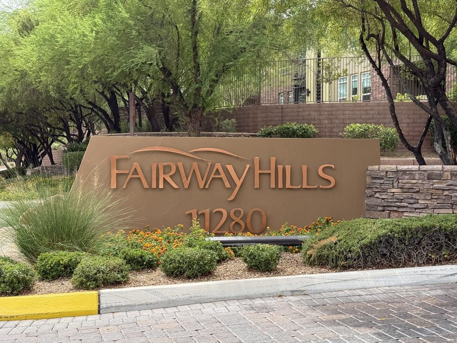 Stone entry monument reading Fairway Hills at the gated entrance to the Fairway Hills enclave inside The Ridges in Summerlin, Las Vegas, Nevada