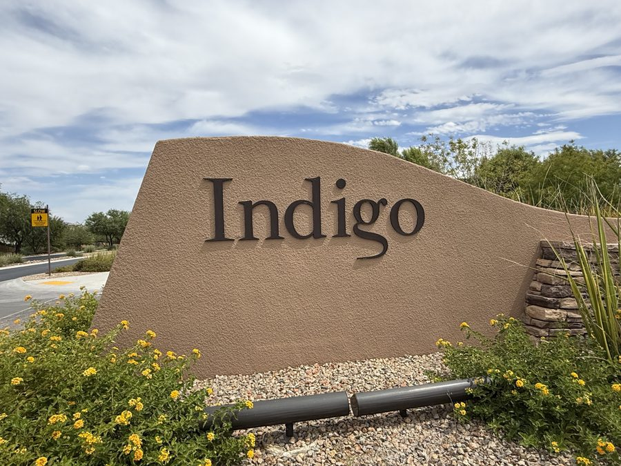 Stone entry monument reading Indigo at the gated entrance to the Indigo enclave inside The Ridges in Summerlin, Las Vegas, Nevada