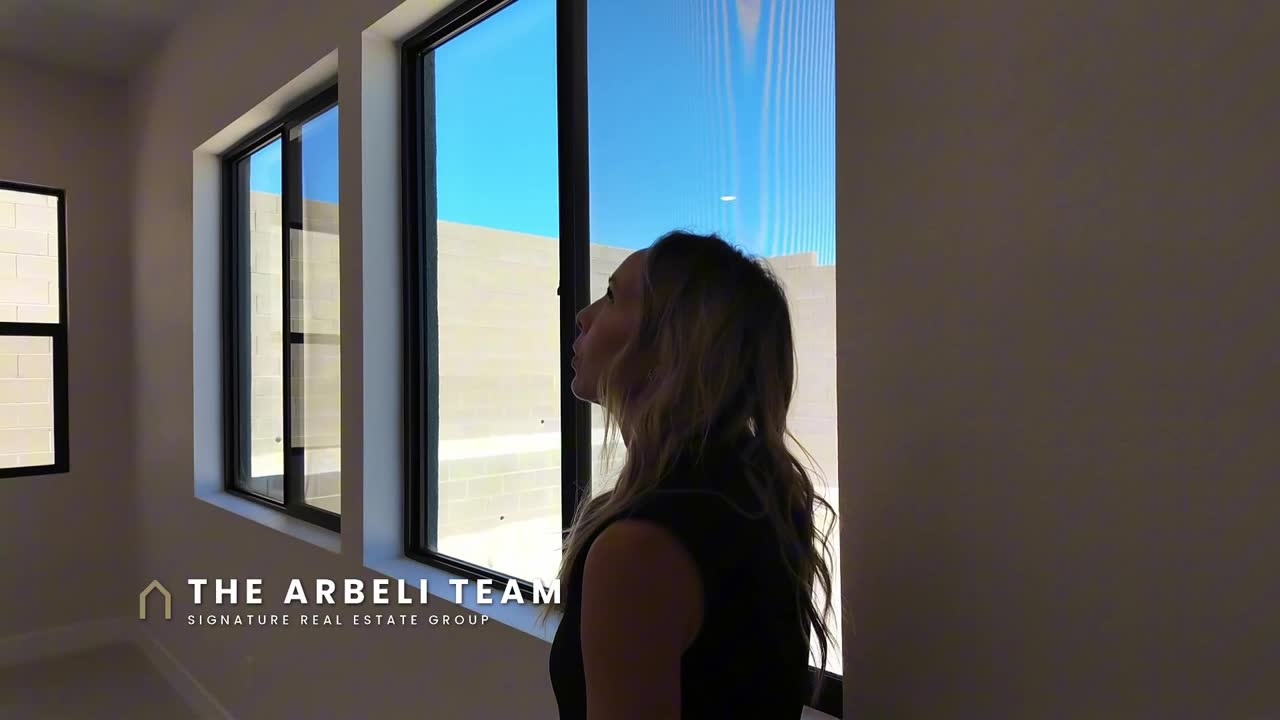 Primary bedroom with black-trimmed windows in the Frontier at Ashland at Summerlin, new construction Summerlin West
