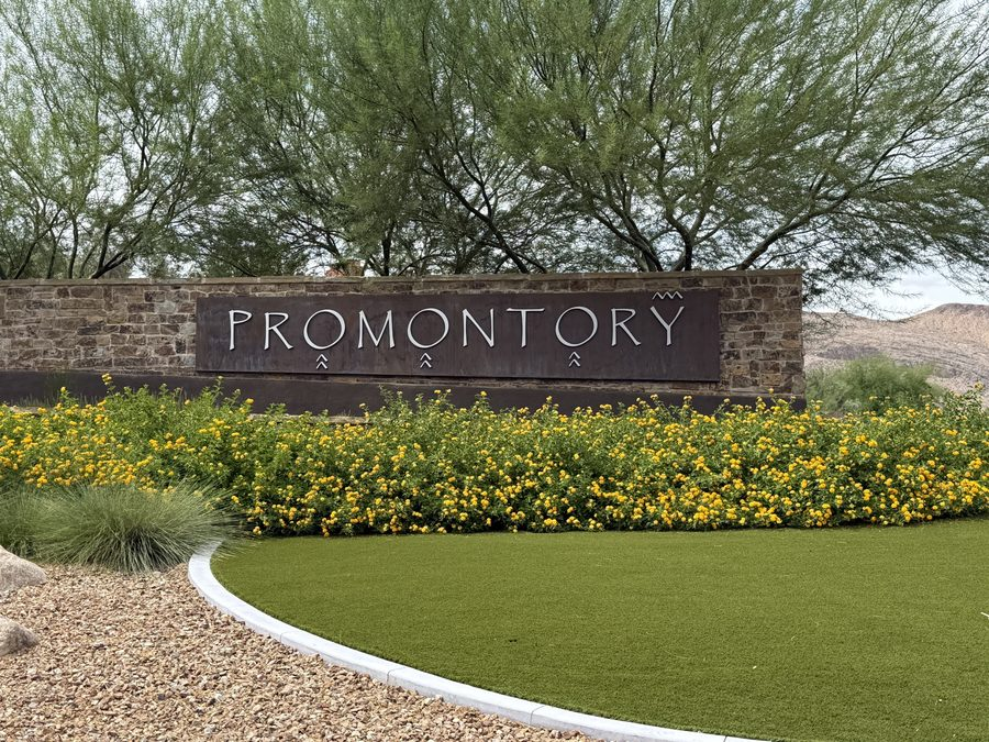 Stone entry monument reading Promontory at the gated entrance to the Promontory enclave inside The Ridges in Summerlin, Las Vegas, Nevada