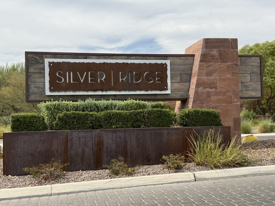 Stone entry monument reading Silver Ridge at the gated entrance to the Silver Ridge enclave inside The Ridges in Summerlin, Las Vegas, Nevada