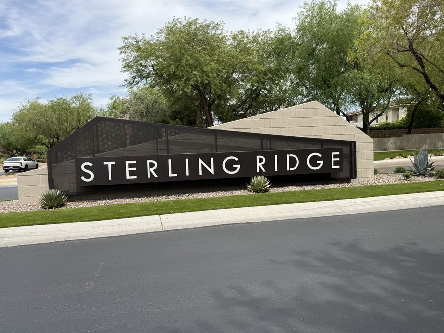 Stone entry monument reading Sterling Ridge at the gated entrance to the Sterling Ridge enclave inside The Ridges in Summerlin, Las Vegas, Nevada