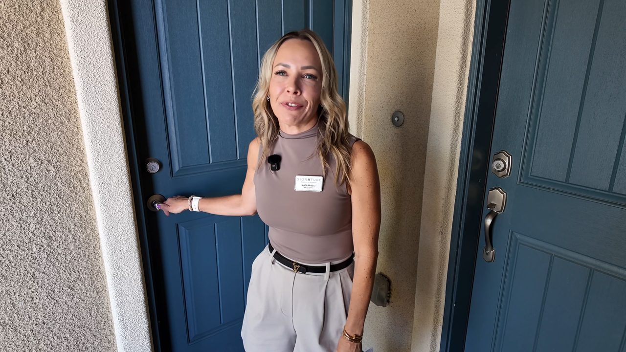 Two front doors: the main entry and the private casita entrance on a Paseos Summerlin home tour in Summerlin West